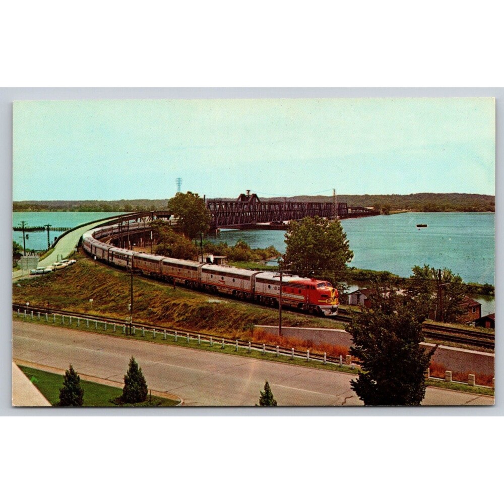 Vtg Santa Fe Railway Postcard Fort Madison Iowa Bridge Fred Harvey Train 1950s